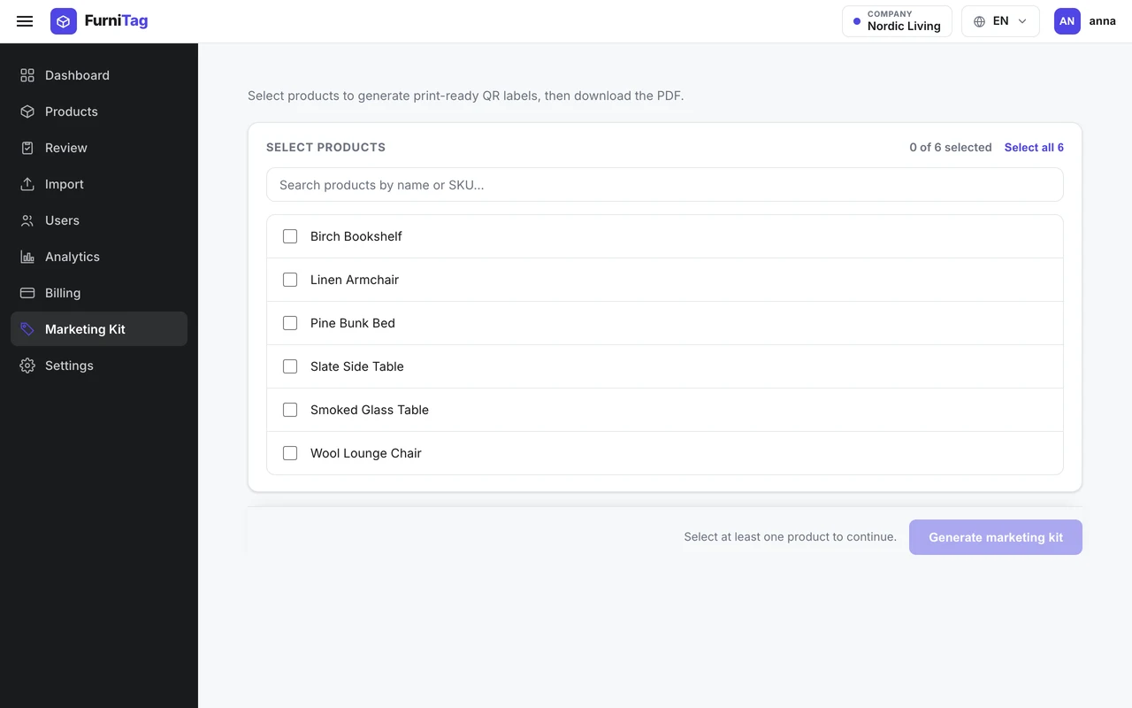 Marketing Kit page in the merchant dashboard, where a merchant ticks products to generate print-ready QR labels.